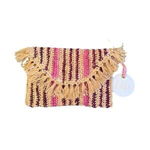 NWT BTB Los Angeles Tahiti Clutch Pink Purple Tan Fringe Beach Straw Clutch Bag